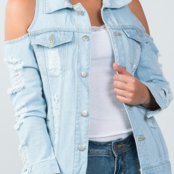 Cold Shoulder Distressed Denim Jacket - Picture 5 of 8